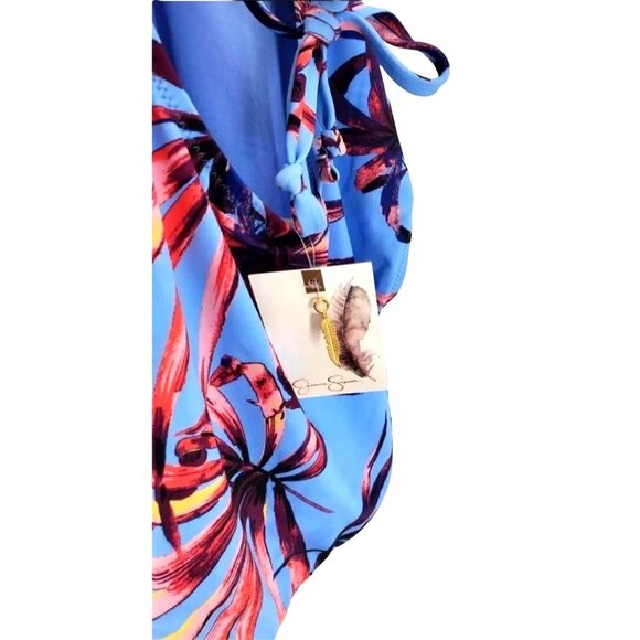 Jessica Simpson S One-Piece Tropical Cross Back Smocked Swimwear V-neck Swimsuit - Picture 10 of 12